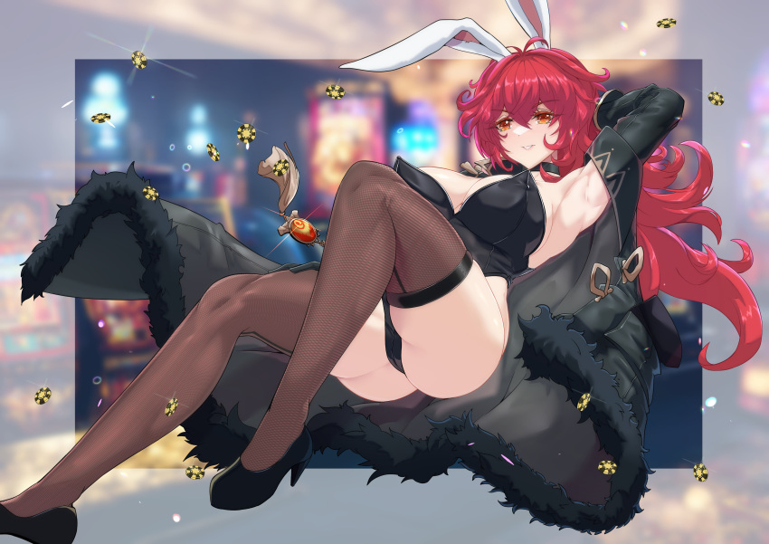 1girl absurdres animal_ears armpits bangs bare_shoulders black_coat black_leotard blush breasts brown_thighhighs choker cleavage coat diluc_(genshin_impact) genderswap genderswap_(mtf) genshin_impact grin hair_between_eyes high_heels highleg highleg_leotard highres large_breasts leotard long_hair long_sleeves low_ponytail off_shoulder open_clothes open_coat playboy_bunny poker_chip rabbit_ears red_eyes red_hair smile solo thighhighs torahime_(roland00) vision_(genshin_impact)