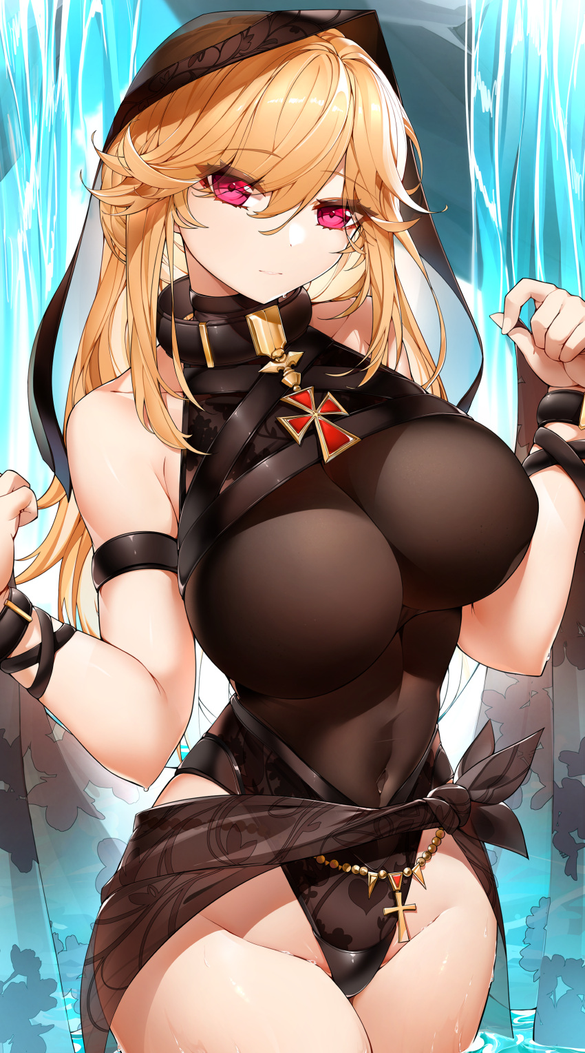 1girl absurdres alternate_costume azur_lane blonde_hair breasts casul cowboy_shot damaged groin highleg highleg_swimsuit highres impossible_clothes impossible_swimsuit large_breasts looking_at_viewer maltese_cross navel nun purple_eyes richelieu_(azur_lane) solo swimsuit water waterfall