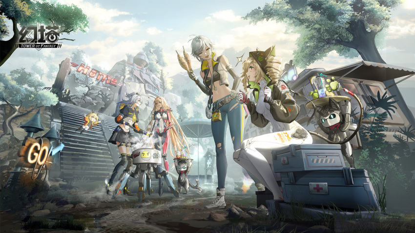 4girls :d animal_ears antenna_hair artist_request bare_shoulders belt black_jacket black_shirt black_skirt black_thighhighs black_vest blonde_hair blue_pants bodysuit breasts crop_top day denim drill_hair drone elbow_gloves fake_animal_ears gloves grey_hair grilled_fish hair_through_headwear highres hood hooded_jacket jacket jewelry long_hair looking_at_another mi-a_(tower_of_fantasy) midriff miniskirt multiple_girls navel necklace nemesis_(tower_of_fantasy) non-humanoid_robot official_art open_mouth outdoors pants pleated_skirt robot robot_animal shiro_(tower_of_fantasy) shirt shoes short_hair sitting skirt sleeveless sleeveless_shirt smile sneakers standing stomach thigh_strap thighhighs torn_clothes torn_pants tower_of_fantasy tsubasa_(tower_of_fantasy) twin_drills twintails very_long_hair vest