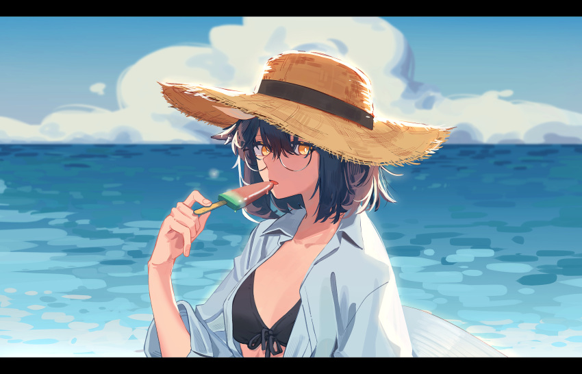 1girl arknights bikini black_bikini breasts brown_hair brown_headwear cloud cloudy_sky collared_shirt food front-tie_bikini front-tie_top hair_between_eyes hand_up hat highres holding_ice_cream letterboxed looking_at_viewer open_clothes open_shirt owl_ears popsicle semi-rimless_eyewear shirt short_hair silence_(arknights) sky small_breasts solo straw_hat sun_hat swimsuit under-rim_eyewear upper_body water watermelon_bar white_shirt yellow_eyes zy_(zyyyyyyy9)
