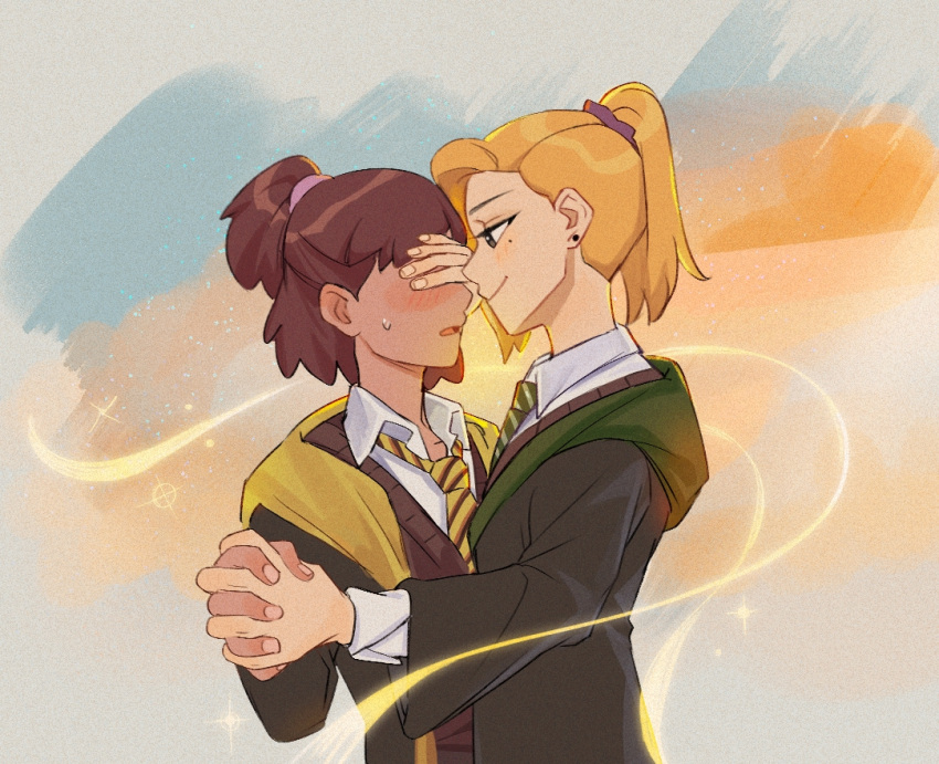 2girls amphibia anne_boonchuy blonde_hair blush brown_hair closed_mouth commentary_request covered_eyes dark-skinned_female dark_skin earrings hand_over_another's_eyes harry_potter_(series) hogwarts_school_uniform holding holding_hands interlocked_fingers jewelry looking_at_another mengshuo2019 mole multiple_girls parted_lips sasha_waybright school_uniform short_hair stud_earrings yuri