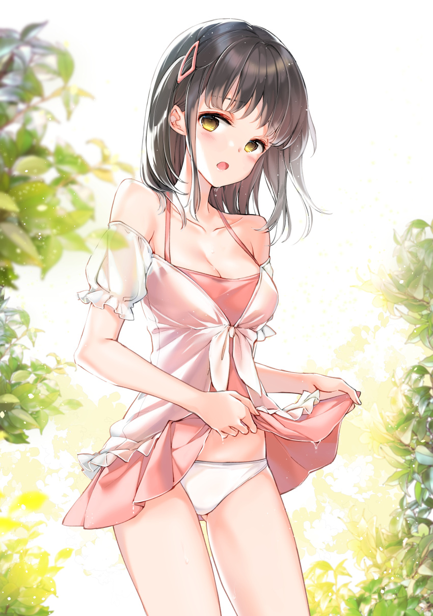 1girl absurdres backlighting bare_shoulders black_hair blush breasts cleavage clothes_lift collarbone commentary day detached_sleeves dress dress_lift hair_ornament hairclip highres juna lifted_by_self long_hair looking_at_viewer medium_breasts open_mouth original outdoors panties pink_dress pleated_dress puffy_short_sleeves puffy_sleeves see-through see-through_sleeves short_sleeves solo sunlight underwear white_panties yellow_eyes