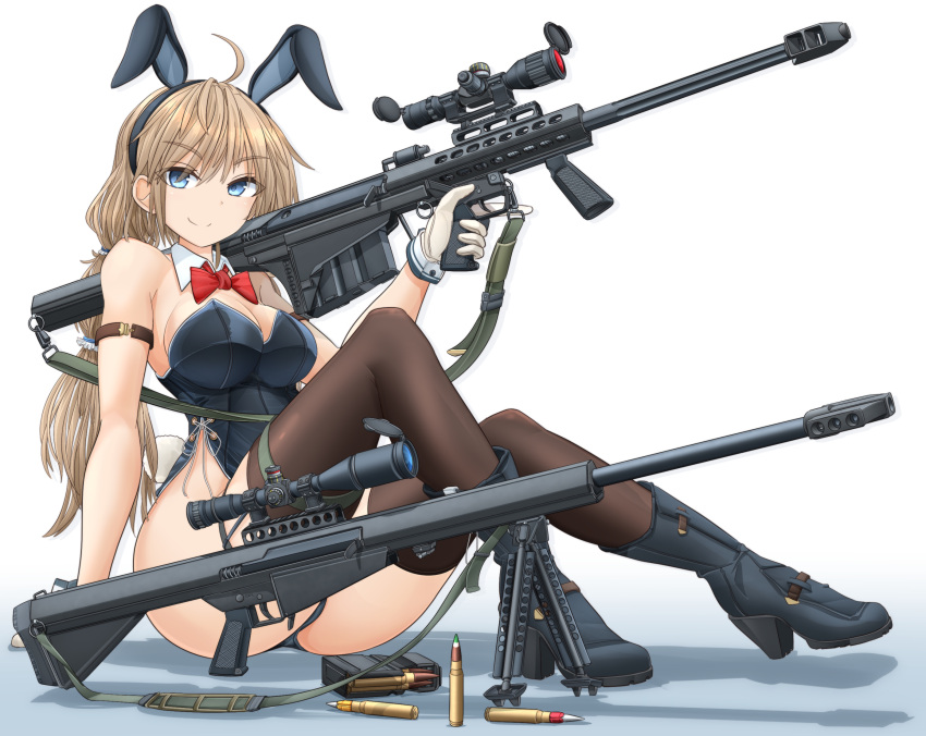 1girl ahoge animal_ears anti-materiel_rifle arm_strap barrett_m82 black_thighhighs blonde_hair blue_eyes blue_footwear blue_leotard boots bow bowtie breasts bullet closed_mouth collar commentary_request detached_collar english_commentary fake_animal_ears fake_tail gloves gradient gradient_background gun hair_tie high_heel_boots high_heels highleg highleg_leotard highres holding holding_gun holding_weapon leotard long_hair looking_at_viewer low-tied_long_hair m82a2 magazine_(weapon) medium_breasts mikeran_(mikelan) mixed-language_commentary original playboy_bunny rabbit_ears rabbit_tail red_bow red_bowtie rifle scope shadow side-tie_leotard sitting smile sniper_rifle solo strapless strapless_leotard tail thigh_strap thighhighs trigger_discipline weapon white_background white_collar white_gloves wing_collar