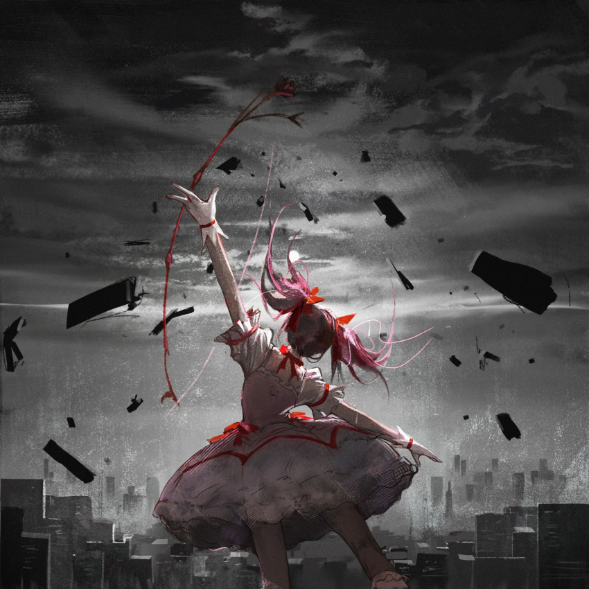 1girl bow bow_(weapon) bubble_skirt building choker city cityscape dress dress_bow facing_away feet_out_of_frame floating_hair frilled_skirt frilled_sleeves frills from_behind gloves grey_sky hair_bow highres holding holding_bow_(weapon) holding_weapon kaname_madoka magical_girl mahou_shoujo_madoka_magica monochrome_background outstretched_arms overcast pink_dress pink_hair pioneer07 puffy_short_sleeves puffy_sleeves red_bow red_choker short_hair short_sleeves short_twintails skirt solo twintails weapon white_gloves white_skirt