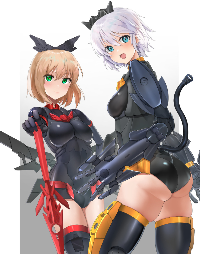 2girls 30_minutes_sisters absurdres ass black_footwear black_gloves black_leotard blonde_hair blue_eyes blush boots breasts cable cable_tail clenched_hand covered_navel doll_joints gloves gradient gradient_background green_eyes grey_hair hair_behind_ear hand_on_hilt highres joints leotard looking_at_viewer looking_back low_wings mechanical_tail mechanical_wings medium_breasts multiple_girls open_hand open_mouth rishetta_(30ms) shield short_hair skindentation small_breasts smile sword tail thigh_boots tiasha_(30ms) tirano_rinko weapon wings