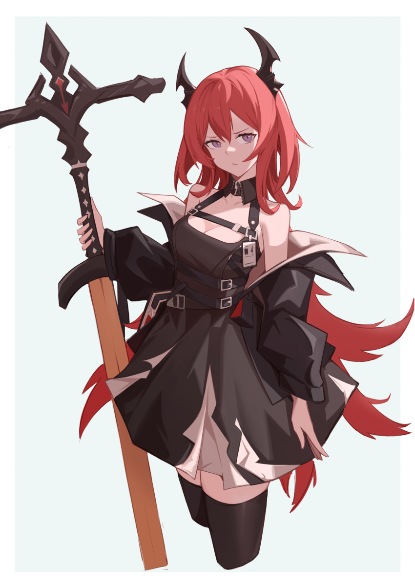 1girl absurdres arknights black_collar black_dress black_jacket black_thighhighs breasts cleavage collar cowboy_shot cropped_legs demon_girl demon_horns dress hair_between_eyes highres holding holding_sword holding_weapon horns id_card jacket ke'ai_qu_qu long_hair medium_breasts off_shoulder open_clothes open_jacket red_hair simple_background sleeveless sleeveless_dress solo surtr_(arknights) sword thighhighs very_long_hair weapon white_background