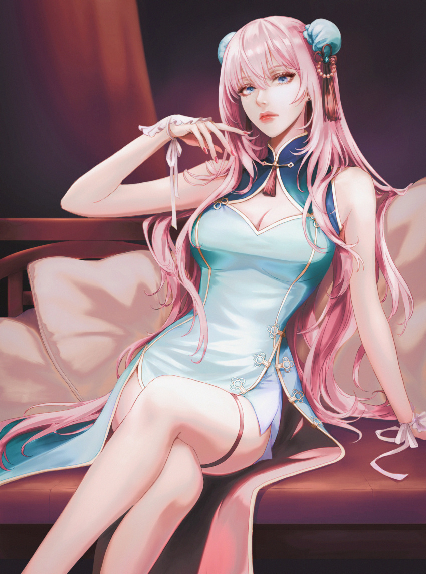 1girl bangs bare_arms bare_legs blue_dress blue_eyes breasts bun_cover china_dress chinese_clothes cleavage cleavage_cutout closed_mouth clothing_cutout crossed_legs double_bun dress hair_between_eyes hair_bun highres indoors long_hair looking_at_viewer medium_breasts megurine_luka nail_polish pink_hair red_lips red_nails red_ribbon ribbon sapphirez39 shiny shiny_hair side_slit sitting sleeveless sleeveless_dress solo thighlet very_long_hair vocaloid
