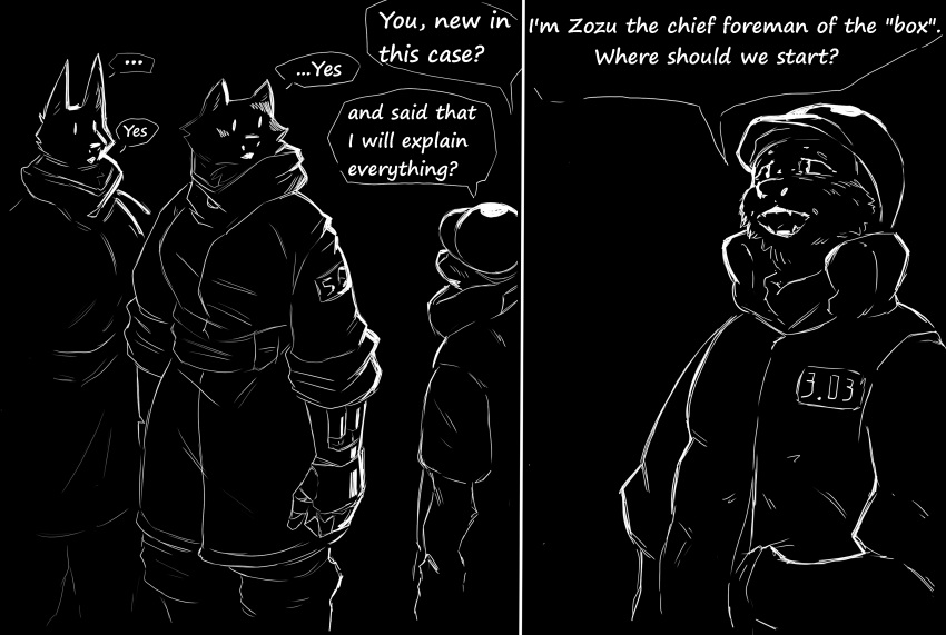absurd_res anthro canid comic dark dialogue felid female fifty_seventh_(kofomy) fifty_sixth_(kofomy) hi_res kofomy male mammal monochrome speech_bubble standing text