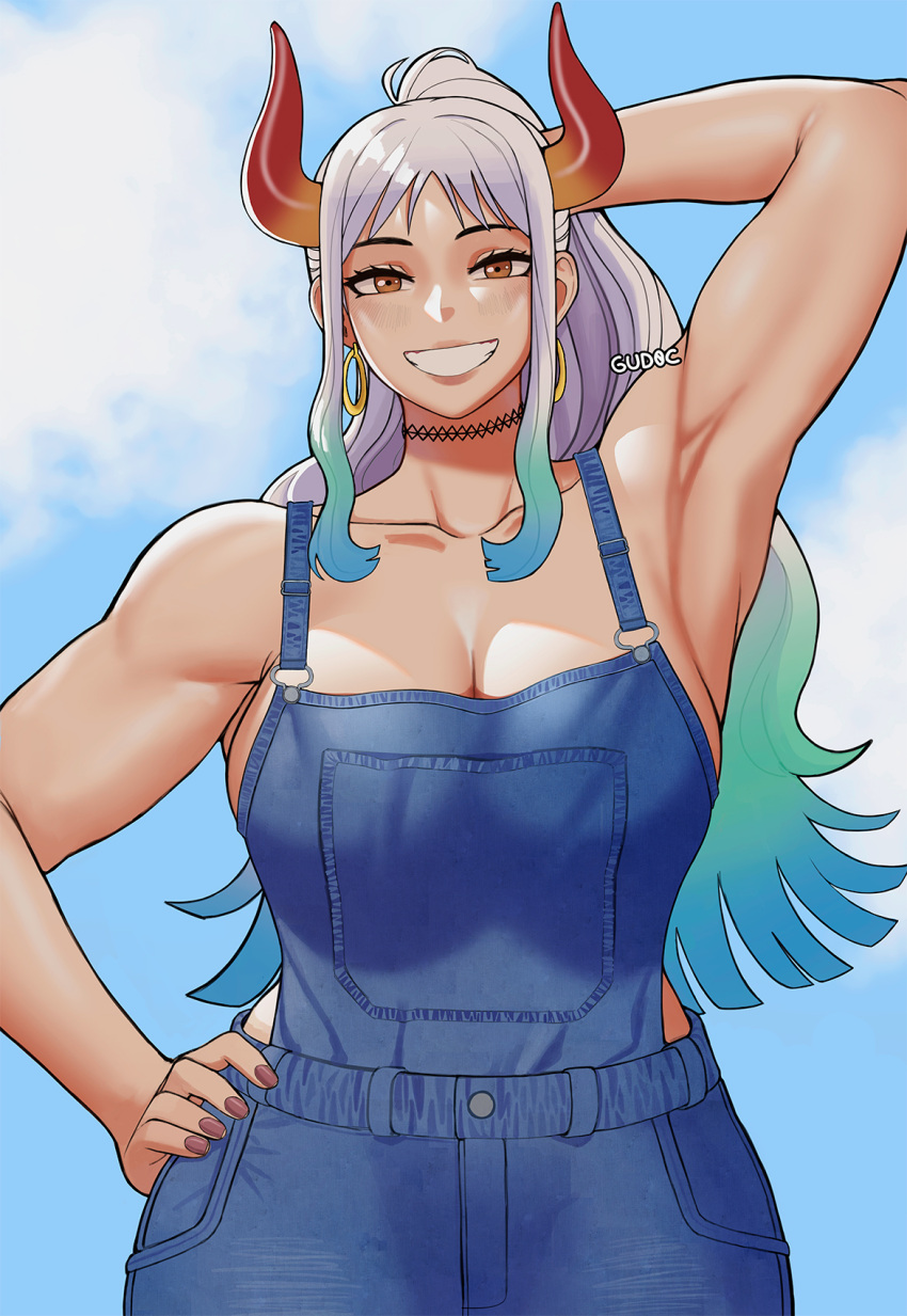 1girl alternate_costume artist_name bare_shoulders blue_sky breasts cloud cloudy_sky earrings english_commentary gradient_hair gradient_horns gud0c highres horns jewelry large_breasts long_hair looking_at_viewer multicolored_hair multicolored_horns muscular muscular_female one_piece orange_eyes overalls sidelocks sky smile white_hair yamato_(one_piece)