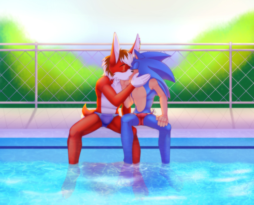 absurd_res anthro clothing duo eulipotyphlan hedgehog hi_res kissing lagomorph leporid male male/male mammal mephistoxei outside poolside rabbit riyo sega sonic_the_hedgehog sonic_the_hedgehog_(series) speedo swimming_trunks swimwear