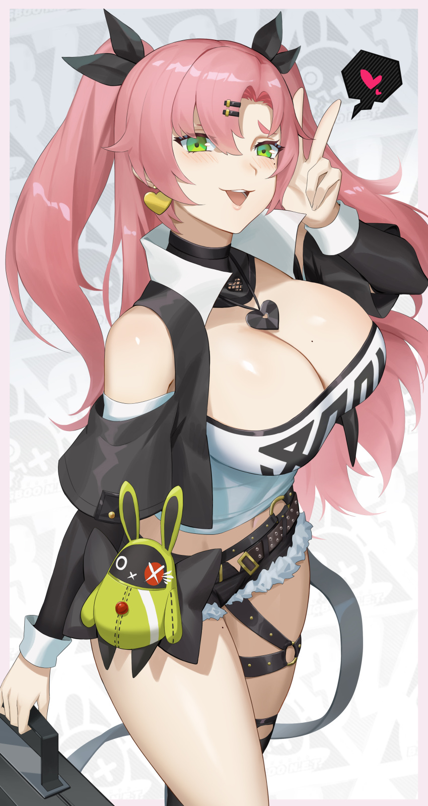 1girl :d absurdres bangs bare_shoulders black_jacket black_ribbon black_shorts blush border breasts cleavage clothing_cutout commentary cowboy_shot cropped_jacket cutoffs earrings green_eyes hair_ornament hair_ribbon hairclip hand_up heart heart_earrings highres holding jacket jewelry large_breasts long_hair long_sleeves looking_at_viewer mato_kuroi micro_shorts midriff mole mole_on_breast navel nicole_demara open_clothes open_jacket open_mouth outside_border pink_border pink_hair ribbon shorts shoulder_cutout smile solo spoken_heart standing strapless thigh_strap thighs tube_top two_side_up v very_long_hair zenless_zone_zero