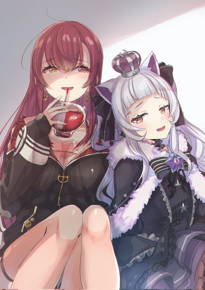 2girls :d animal_ears bangs blunt_bangs cat_ears crown cup drinking_glass drinking_straw fur_trim heterochromia highres hololive houshou_marine jacket kuratarou0011 long_hair multiple_girls murasaki_shion red_eyes red_hair sleeves_past_wrists smile virtual_youtuber yellow_eyes