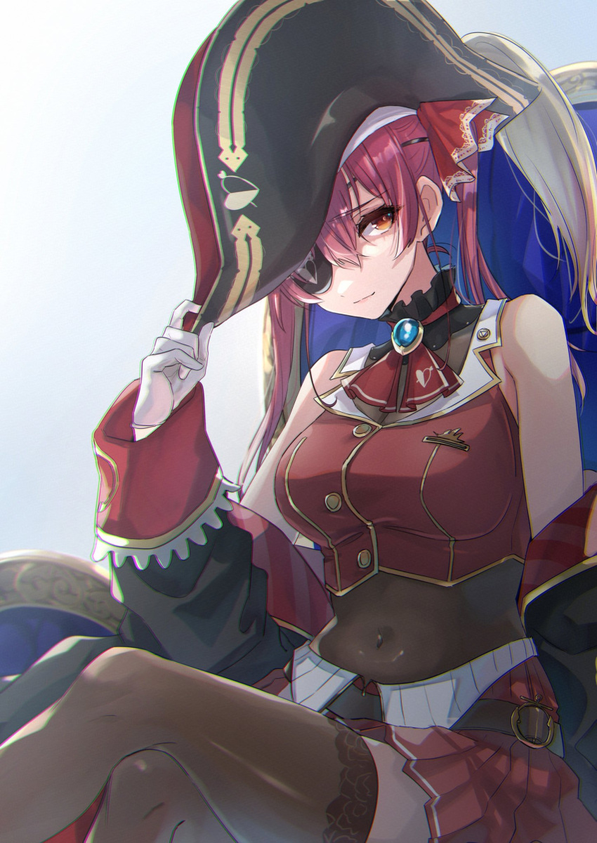 1girl bangs bare_shoulders black_thighhighs breasts crossed_legs eyepatch gloves hat highres hololive houshou_marine kuratarou0011 light_smile long_hair looking_at_viewer navel off_shoulder pirate_hat pleated_skirt red_eyes red_hair see-through sitting skirt sleeveless solo thighhighs twintails virtual_youtuber white_gloves
