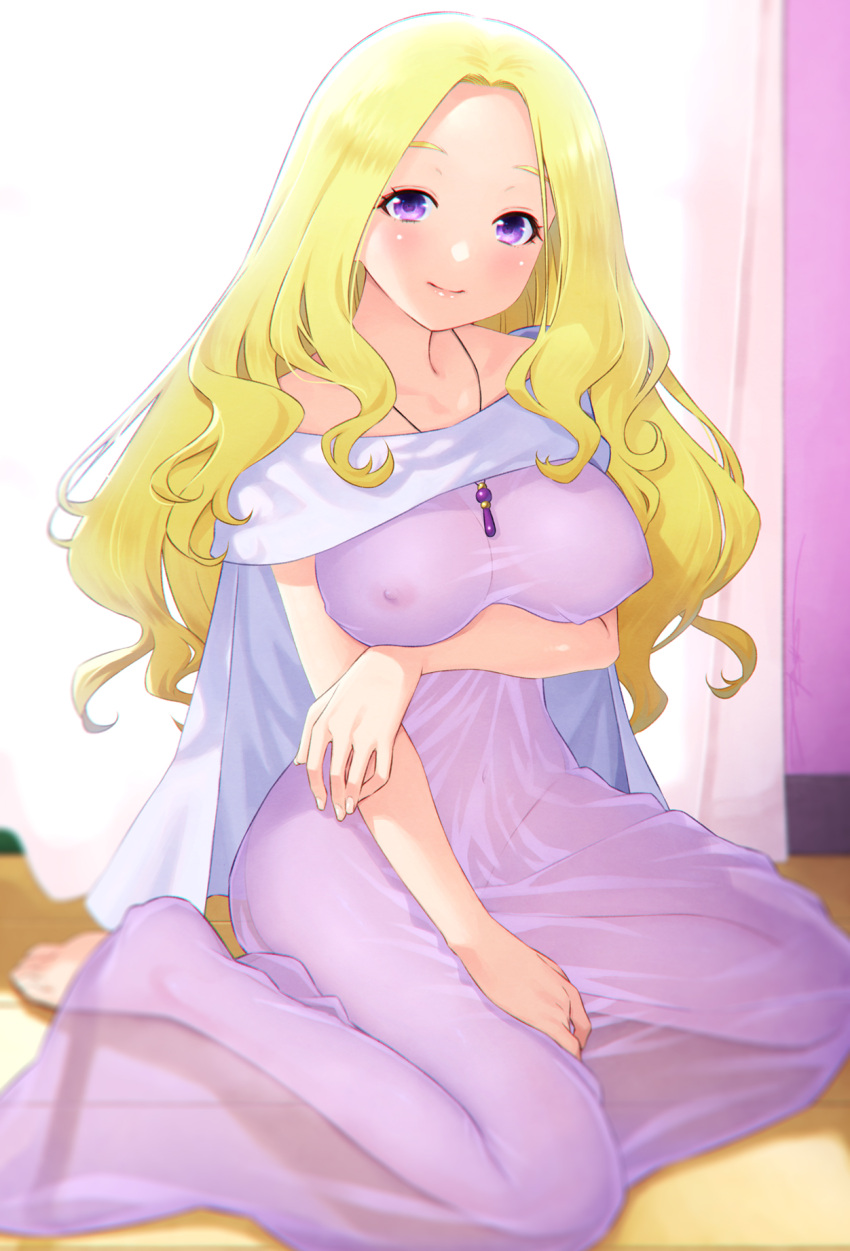 1girl bare_arms bare_shoulders between_legs blonde_hair breasts closed_mouth collarbone covered_nipples dress fuurin_asumi hand_between_legs healin'_good_precure highres indoors jewelry kazuma_muramasa large_breasts long_dress long_hair looking_at_viewer pendant precure purple_dress purple_eyes see-through see-through_dress shiny shiny_hair sitting sleeveless sleeveless_dress smile solo star_twinkle_precure very_long_hair wariza