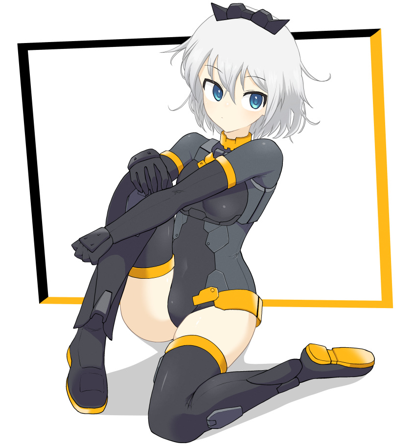 1girl 30_minutes_sisters absurdres black_footwear black_gloves black_leotard blue_eyes boots breasts fool_iketani gloves grey_hair hand_on_own_knee highres leotard looking_to_the_side medium_breasts rishetta_(30ms) short_hair sitting solo thigh_boots white_background