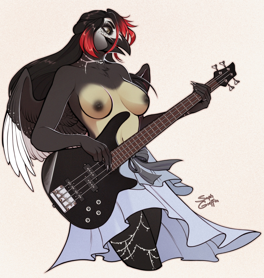 alpha_channel anthro avian bass_guitar big_breasts bird black_hair bottomwear breasts clothed clothing corvid corvus_(genus) crow female guitar guitarist hair heavy_metal hi_res highlights_(coloring) jewelry long_hair makeup mascara musical_instrument musician necklace nipples nude oscine paivio_selanne passerine plucked_string_instrument red_highlights rock_(genre) saphgriffin signature simple_background skirt solo string_instrument tasteful_nudity topless transparent_background