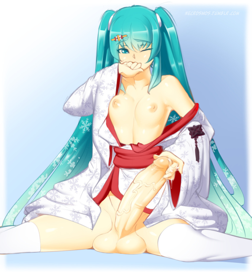 aqua_eyes aqua_hair blue_background breasts covering_mouth feet_out_of_frame gradient gradient_background hair_ornament hairclip hatsune_miku highres japanese_clothes kimono large_penis long_hair necrosmos one_eye_closed penis shadow sitting small_breasts testicles thighhighs twintails very_long_hair vocaloid white_kimono white_thighhighs