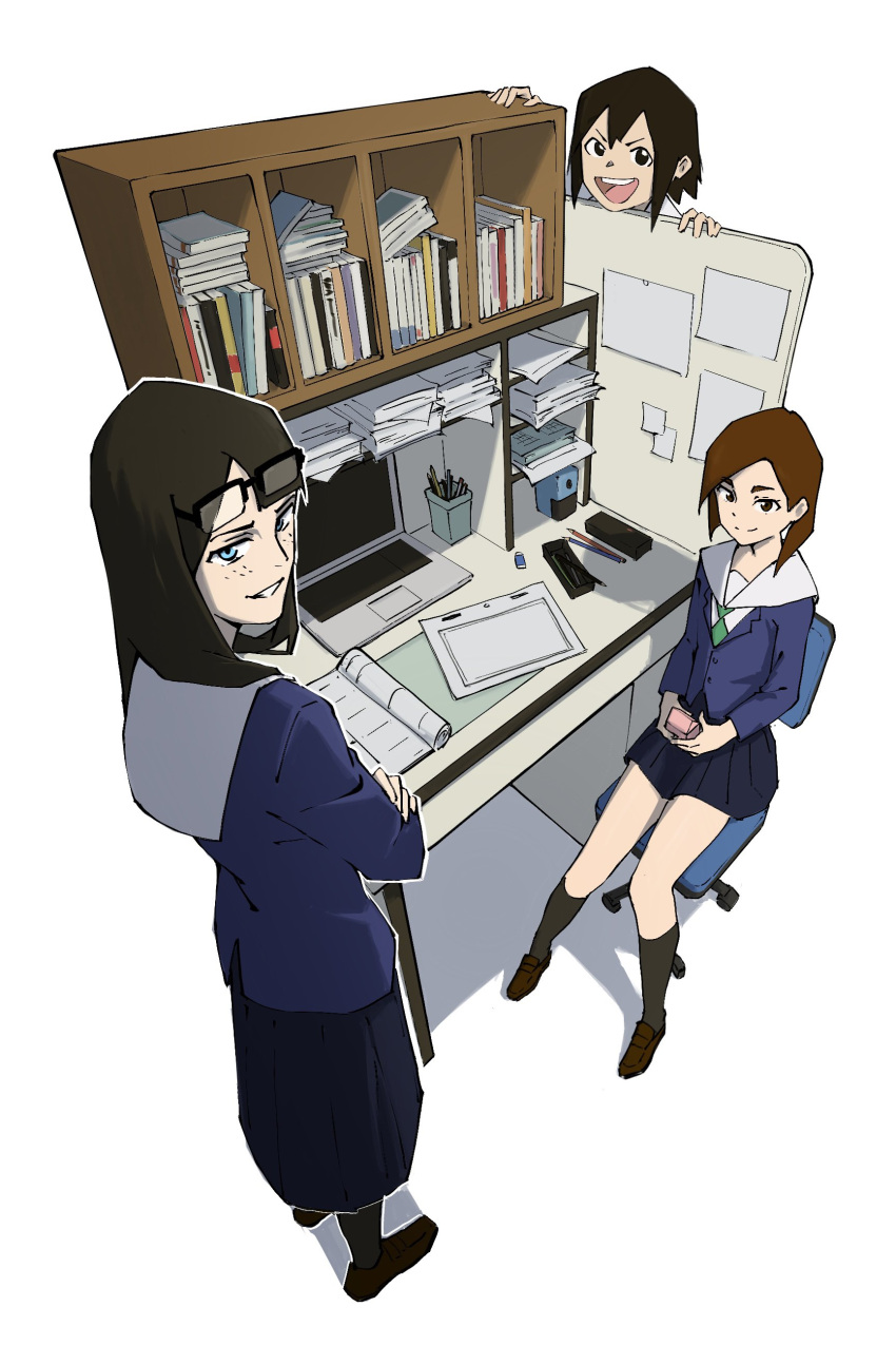 3girls absurdres animation_paper_(object) asakusa_midori asymmetrical_bangs bangs black_eyes black_hair black_socks blue_eyes blue_jacket blue_skirt book brown_eyes brown_footwear brown_hair chair computer crossed_arms desk eizouken_ni_wa_te_wo_dasu_na! eraser eyewear_on_head freckles green_necktie highres holding_carton jacket kanamori_sayaka laptop long_hair long_sleeves mizusaki_tsubame multiple_girls necktie office_chair over-rim_eyewear paper pencil pencil_sharpener pleated_skirt psylduck school_uniform semi-rimless_eyewear serafuku shirt shoes short_hair simple_background sitting skirt smile socks standing white_background white_shirt