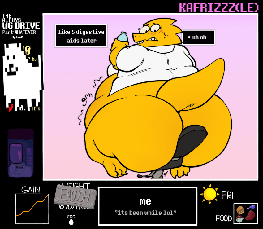 alphys anthro beef belly big_belly big_butt blush bodily_fluids burger butt candy chair clothing coat dessert english_text eyewear female food furniture glasses hi_res holding_object huge_butt kafrizzzle lab_coat lizard lollipop meat morbidly_obese morbidly_obese_anthro morbidly_obese_female obese obese_anthro obese_female overweight overweight_anthro overweight_female reptile scales scalie simple_background sitting solo steak sundae sweat text thick_thighs topwear undertale_(series) wide_hips yellow_body yellow_scales