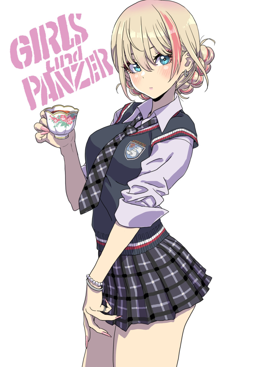 1girl absurdres alternate_costume bangs blonde_hair blue_eyes blush braid cup darjeeling_(girls_und_panzer) emblem girls_und_panzer highres holding holding_cup looking_at_viewer miniskirt nail_polish short_hair skirt solo st._gloriana's_(emblem) teacup twin_braids v-neck yamashita_shun'ya