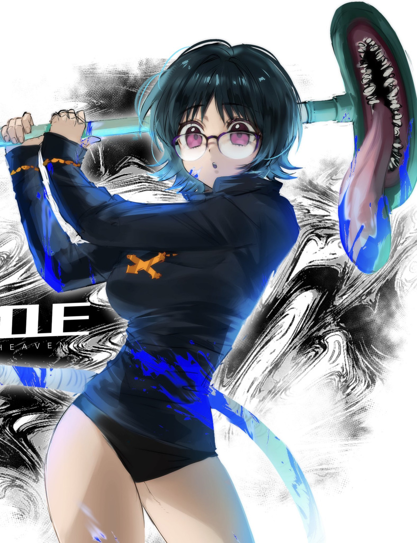 1girl :o bangs black_hair black_panties black_sweater blood blood_on_clothes blood_on_face blood_on_weapon blue_blood blue_hair bracelet breasts colored_tips cowboy_shot cross cross_necklace flipped_hair glasses hands_up heavenmole highres holding holding_weapon hunter_x_hunter inverted_cross jewelry looking_at_viewer multicolored_hair necklace no_pants over-rim_eyewear panties puckered_lips purple_eyes semi-rimless_eyewear shizuku_(hunter_x_hunter) short_hair sleeves_past_wrists solo streaked_hair sweater swinging tongue tongue_out turtleneck turtleneck_sweater underwear vacuum_cleaner weapon white_background