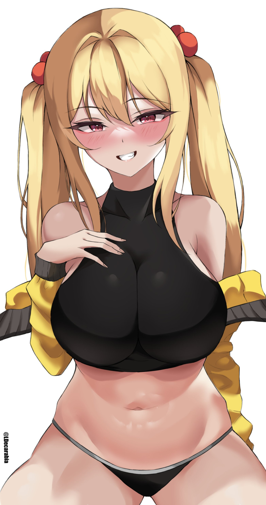 1girl absurdres blonde_hair borrowed_character breasts crop_top hair_bobbles hair_ornament highres jacket large_breasts leon_decarabia long_hair nail_polish navel original panties red_eyes sayuri_(k_pring) smile solo thighs twintails twitter_username underwear yellow_jacket