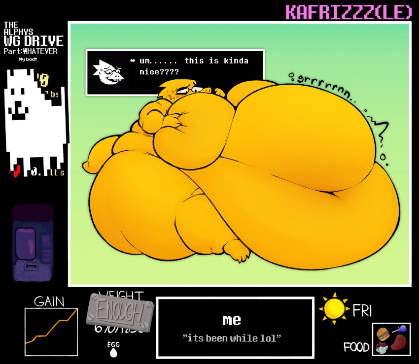 alphys anthro beef belly big_belly big_breasts blush bodily_fluids breasts buckteeth burger deep_navel english_text eyelashes eyewear fat_rolls female food glasses hand_on_breast hi_res huge_breasts hyper hyper_belly kafrizzzle lizard meat morbidly_obese morbidly_obese_anthro morbidly_obese_female navel nude obese obese_anthro obese_female overweight overweight_anthro overweight_female reptile rumbling_stomach scales scalie simple_background solo steak sundae sweat teeth text undertale_(series) yellow_body yellow_scales