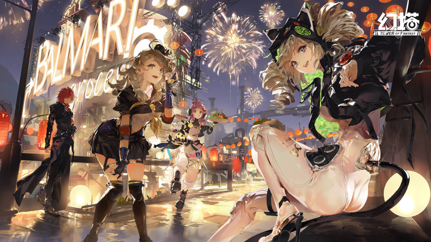 1boy 3girls :d :q aerial_fireworks animal_ears artist_request ass black_coat black_gloves black_jacket black_shirt black_skirt black_thighhighs bodysuit breasts brown_hair cityscape coat cropped_jacket drill_hair fake_animal_ears fake_tail fingerless_gloves fireworks gloves hair_through_headwear hand_on_own_thigh hand_up high_heels highres hilda_(tower_of_fantasy) hood hooded_jacket jacket king_(tower_of_fantasy) leaning_forward long_hair long_sleeves looking_at_viewer looking_back medium_breasts miniskirt multiple_girls neckerchief official_art open_clothes open_jacket outdoors overalls pants pink_hair pleated_skirt purple_eyes red_hair shiro_(tower_of_fantasy) shirt sitting skirt smile standing tail thigh_strap thighhighs thighs tongue tongue_out tower_of_fantasy tsubasa_(tower_of_fantasy) twin_drills twintails white_pants zettai_ryouiki