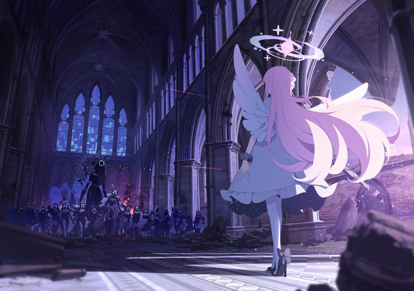 6+girls blue_archive cathedral church damaged gatling_gun glowing glowing_eyes gun halo highres interior lens_flare long_hair mika_(blue_archive) multiple_girls official_art pantyhose ruins spoilers standing weapon wings