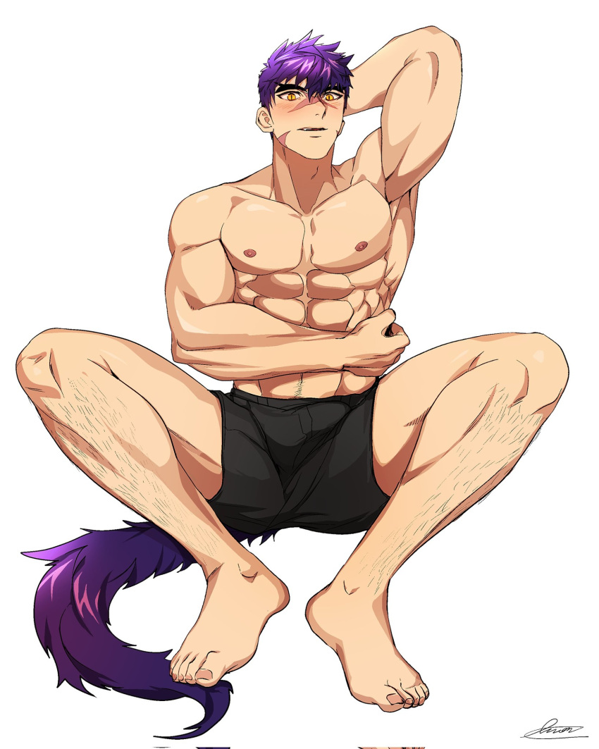 1boy abs arm_behind_head armpits bara biceps black_male_underwear blush boxer_briefs bulge highres leg_hair looking_at_viewer male_focus male_pubic_hair male_underwear manly muscular muscular_male navel ninetyyou nipples original pectorals pubic_hair pubic_hair_peek purple_hair scar scar_on_face short_hair signature sitting slit_pupils solo stomach tail topless_male underwear white_background yellow_eyes