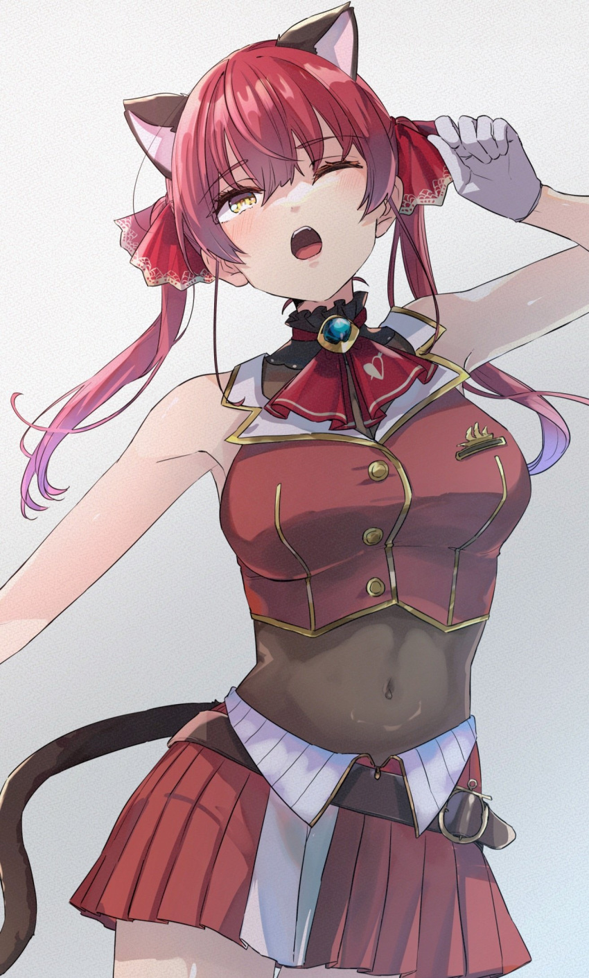 1girl animal_ears bare_shoulders belt breasts cat_ears cat_tail gloves gradient gradient_background highres hololive houshou_marine kuratarou0011 navel one_eye_closed pleated_skirt red_hair see-through skirt sleeveless solo tail twintails virtual_youtuber white_gloves yawning yellow_eyes