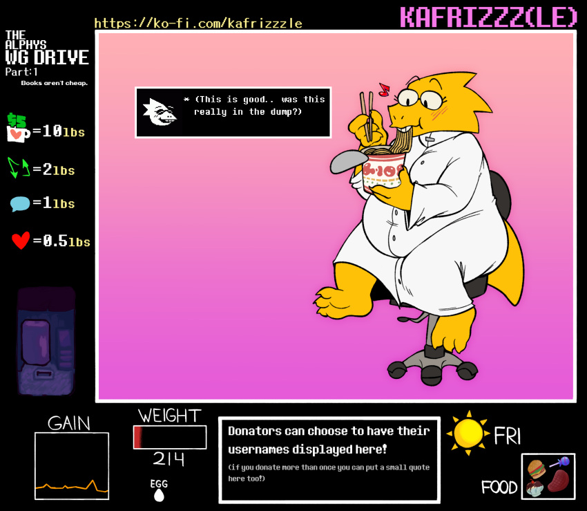 alphys anthro barefoot beef belly blush breasts buckteeth burger candy chair chopsticks claws clothed clothing coat container cup dessert dialogue dialogue_box eating egg english_text eyelashes eyewear feet female food front_view fully_clothed furniture glasses gui hi_res holding_cup holding_food holding_object ice_cream ice_cream_sundae kafrizzzle lab_coat lizard lollipop looking_down measurements meat musical_note navel_outline non-mammal_breasts noodles office_chair overweight overweight_anthro overweight_female ramen reptile scales scalie simple_background sitting solo steak sundae teeth text thick_tail thick_thighs three-quarter_view topwear undertale undertale_(series) url vending_machine video_games yellow_body yellow_scales