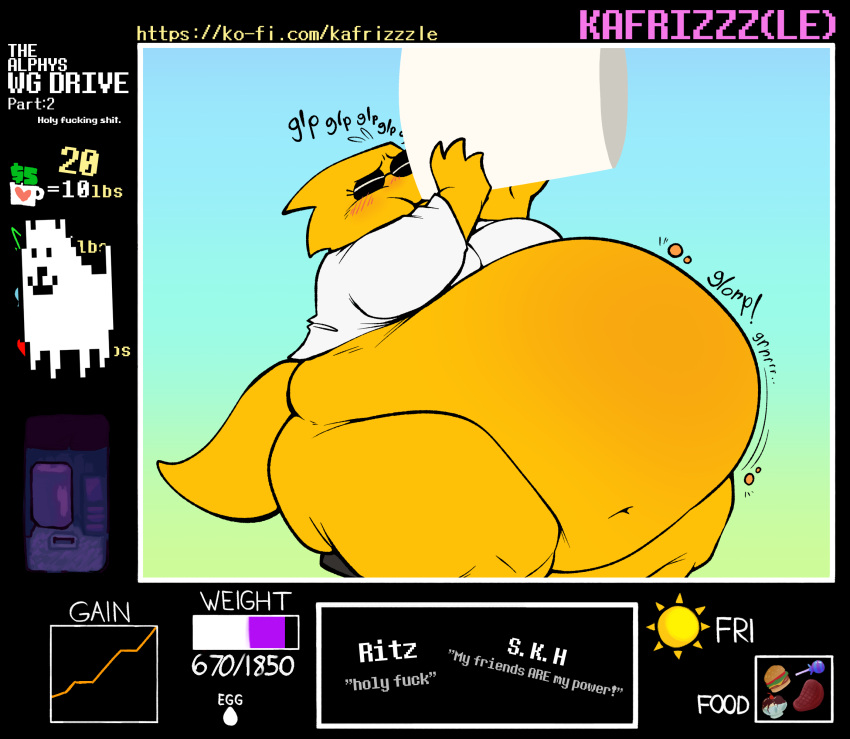 alphys annoying_dog_(undertale) anthro beef belly belly_expansion big_belly big_breasts blush bodily_fluids bottomless breasts bucket burger candy chugging clothed clothing coat container deep_navel dessert eating egg english_text expansion eyelashes eyes_closed eyewear female flying_sweatdrops food furniture glasses graph gui hi_res huge_hips huge_thighs ice_cream kafrizzzle lab_coat lizard lollipop love_handles measurements meat morbidly_obese morbidly_obese_anthro morbidly_obese_female navel non-mammal_breasts obese obese_anthro obese_female overeating overweight overweight_anthro overweight_female portrait profanity reptile rumbling_stomach scales scalie signature simple_background sitting solo sound_effects steak stool stuffing sun sundae sweat sweatdrop text thick_tail thick_thighs three-quarter_portrait three-quarter_view topwear undertale undertale_(series) url vending_machine video_games weight_gain wide_hips yellow_body yellow_scales