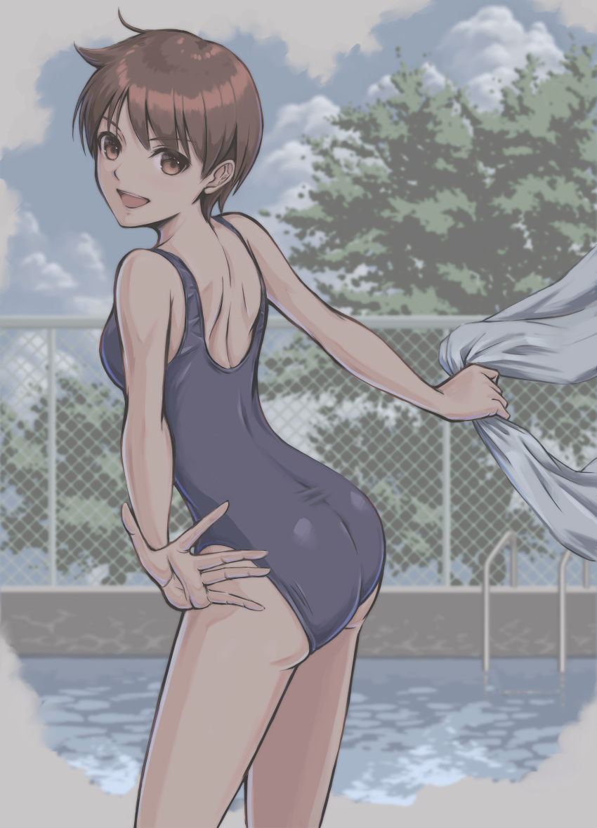 1girl absurdres ass bangs bare_arms bare_shoulders blue_swimsuit brown_eyes brown_hair cloud cloudy_sky commentary commentary_request day eyfr3252 highres holding kasugano_sakura looking_at_viewer looking_back one-piece_swimsuit open_mouth outdoors pool pool_ladder shiny shiny_clothes shiny_hair short_hair simple_background sky smile solo street_fighter street_fighter_zero_(series) swimsuit thighs towel water