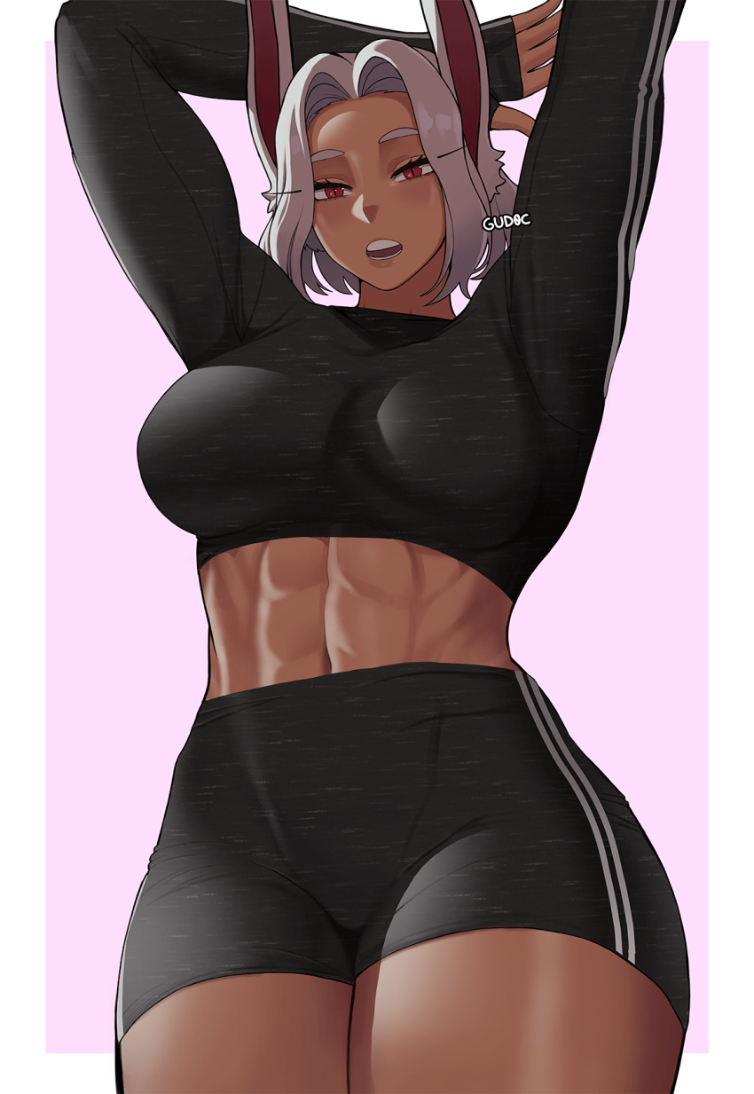 1girl abs animal_ears arms_up artist_name boku_no_hero_academia breasts crop_top dark-skinned_female dark_skin gud0c highres large_breasts long_sleeves looking_at_viewer milestone_celebration mirko muscular muscular_female navel open_mouth rabbit_ears rabbit_girl red_eyes short_hair shorts solo stomach thick_thighs thighs white_hair wide_hips