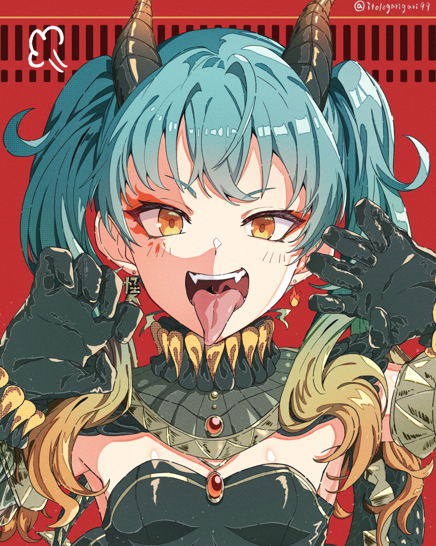 1girl =3 absurdres alternate_costume aqua_hair armpit_peek bangs black_dress black_gloves blush breasts claw_pose clothing_request commentary_request crossed_bangs detached_sleeves dress earrings fangs gloves gradient_hair hands_up hatsune_miku highres horns itogari jewelry long_hair long_sleeves looking_at_viewer multicolored_hair necklace open_mouth orange_hair pendant red_background salamander_(vocaloid) sidelocks small_breasts smile solo strapless strapless_dress teeth tongue tongue_out twintails twitter_username upper_body uvula vocaloid