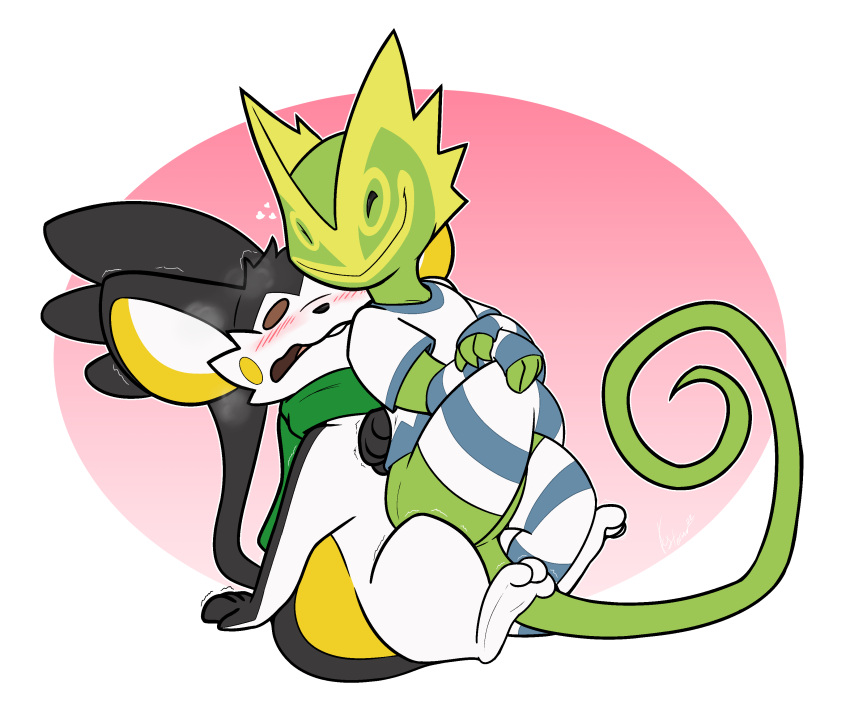 absurd_res anthro clothed clothing duo embarrassed emolga flytermo2 flytermo_(character) hi_res kecleon lee_the_kec legwear male nintendo on_lap partially_clothed pok&eacute;mon pok&eacute;mon_(species) pushing_away seductive shaking shirt sitting_on_lap stockings teasing tempting topwear video_games