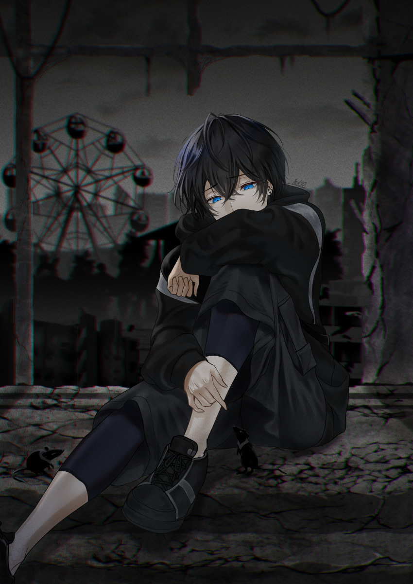 1boy absurdres amusement_park black_hair black_theme blue_eyes covered_mouth ear_piercing earrings ferris_wheel highres jewelry long_sleeves male_focus mouse mutsuki_ry original pants piercing shoes short_hair sitting sneakers solo sweatshirt