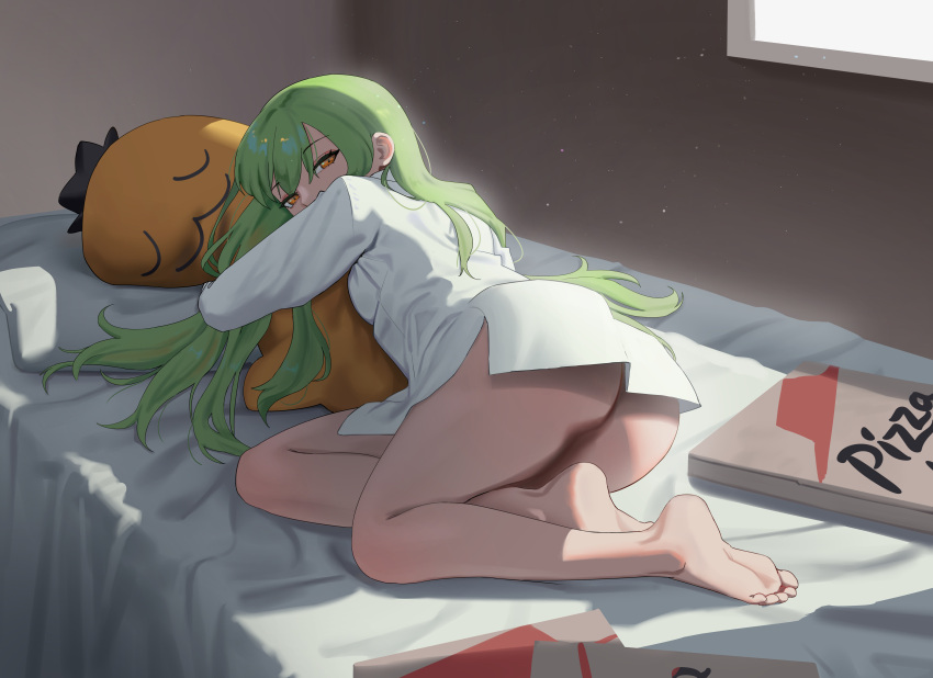 1girl absurdres ass barefoot bed bedroom c.c. cheese-kun code_geass cokeanut10 food from_behind full_body green_hair half-closed_eyes highres holding holding_stuffed_toy indoors legs light_particles long_hair looking_at_viewer looking_back lying no_pants object_hug on_bed on_side orange_eyes pizza pizza_box pizza_hut shirt stuffed_toy sunlight thighs white_shirt window