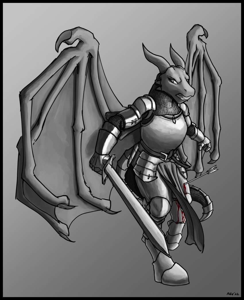 absurd_res angry anthro armor blood bodily_fluids dragon dragonborn_(dnd) dungeons_and_dragons female gradient_background hasbro hi_res melee_weapon monochrome portrait revertigo signature simple_background solo spread_wings sword weapon wings wizards_of_the_coast wounded