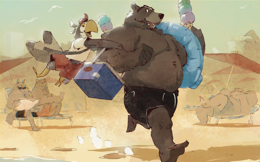 2022 anthro avian beach belly bernie_burr bottomwear brown_body canid canine clothing dessert detailed_background food group hi_res ice_cream male mammal outside overweight overweight_male running seaside shirt shorts sitting swimwear topwear ursid