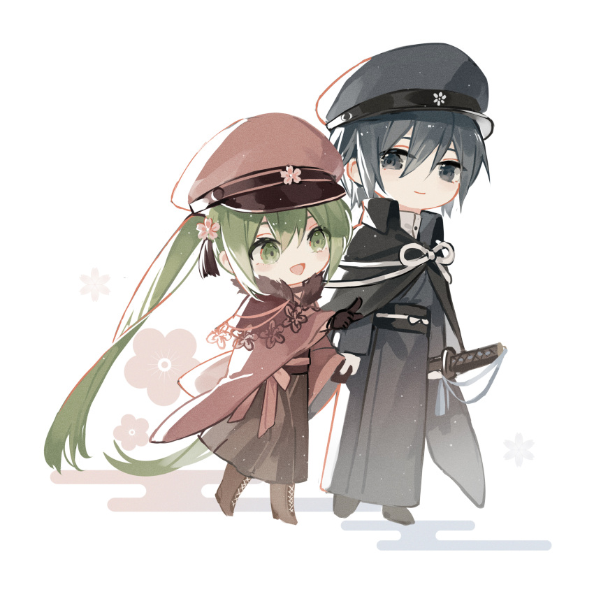 1boy 1girl :d absurdres bangs black_gloves black_hair black_headwear black_kimono boots brown_footwear brown_hakama brown_headwear brown_kimono chibi closed_mouth commentary_request cross-laced_footwear floral_background flower gloves green_eyes green_hair grey_eyes hair_between_eyes hair_flower hair_ornament hakama hakama_skirt hat hatsune_miku highres holding_hands japanese_clothes kaito_(vocaloid) katana kazenemuri kimono lace-up_boots long_hair long_sleeves obi peaked_cap pink_flower pointing rei_no_sakura_sousetsu_(module) sash senbon-zakura_(vocaloid) sheath sheathed skirt smile sword twintails very_long_hair vocaloid weapon white_background wide_sleeves