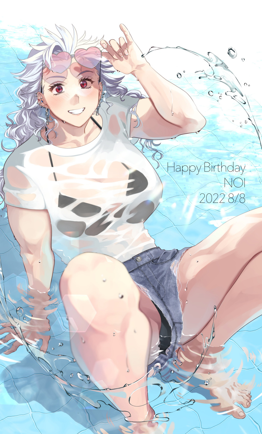 1girl absurdres bikini breasts dorohedoro earrings glasses highres jewelry large_breasts long_hair looking_at_viewer muscular muscular_female noi_(dorohedoro) red_eyes see-through shirt shorts smile solo swimsuit water wet white_hair youto