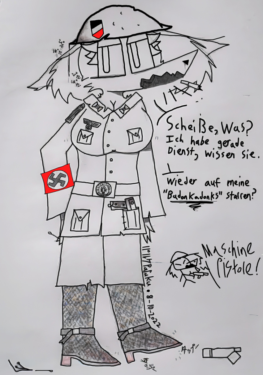 animal_humanoid anthro army canid canid_humanoid canine canine_humanoid canis digital_media_(artwork) female german german_text hi_res hitsujiko_paruku humanoid mammal mammal_humanoid military nazi nazi_armband nazi_insignia nazi_uniform petra_(hitsujiko_paruku) solo swastika text traditional_media_(artwork) wolf wolf_humanoid