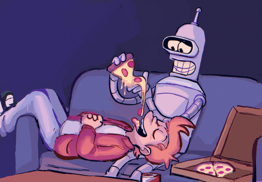 bender_bending_rodr&iacute;guez cheese clothing comedy_central dairy_products duo food furniture futurama human jacket machine male male/male mammal open_mouth philip_j._fry pizza pizza_box pizza_slice recycledbeercans red_clothing red_jacket red_topwear robot sofa tongue tongue_out topwear