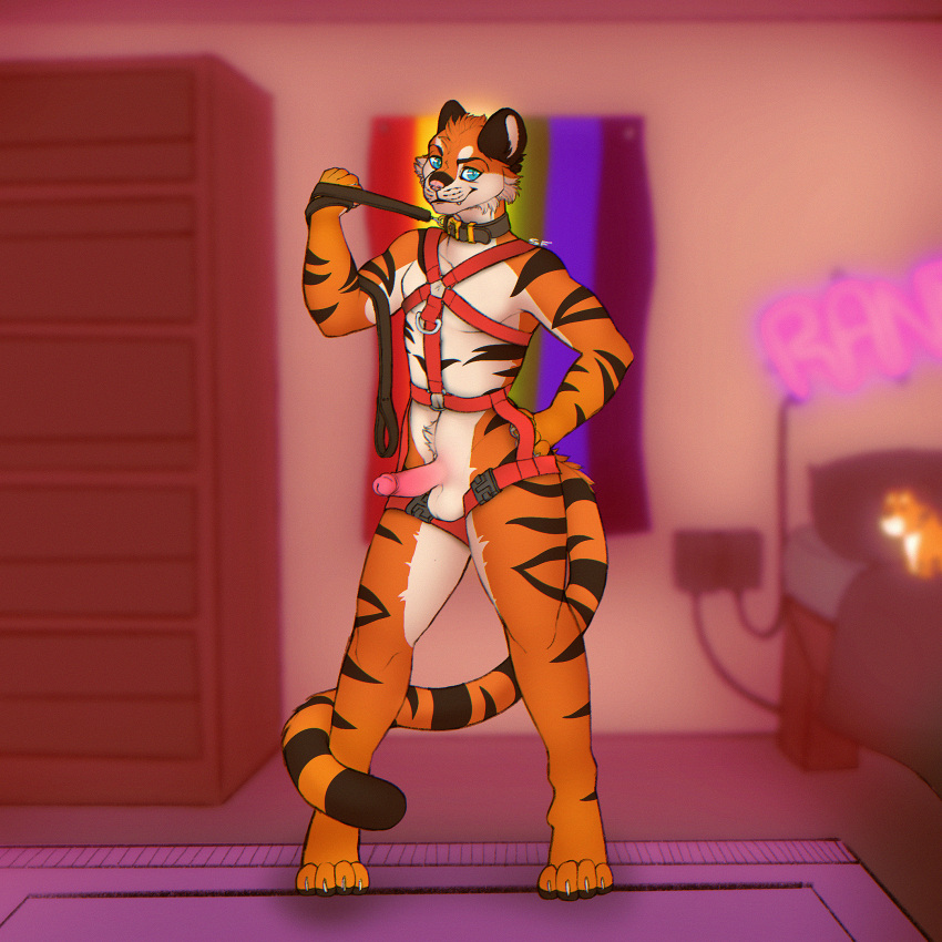 anthro bedroom collar detailed_background felid harness hi_res humanoid_genitalia leash leash_pull lgbt_pride looking_at_viewer male mammal pantherine pride_colors rainbow_flag rainbow_pride_flag rainbow_symbol saradrawsart solo tiger