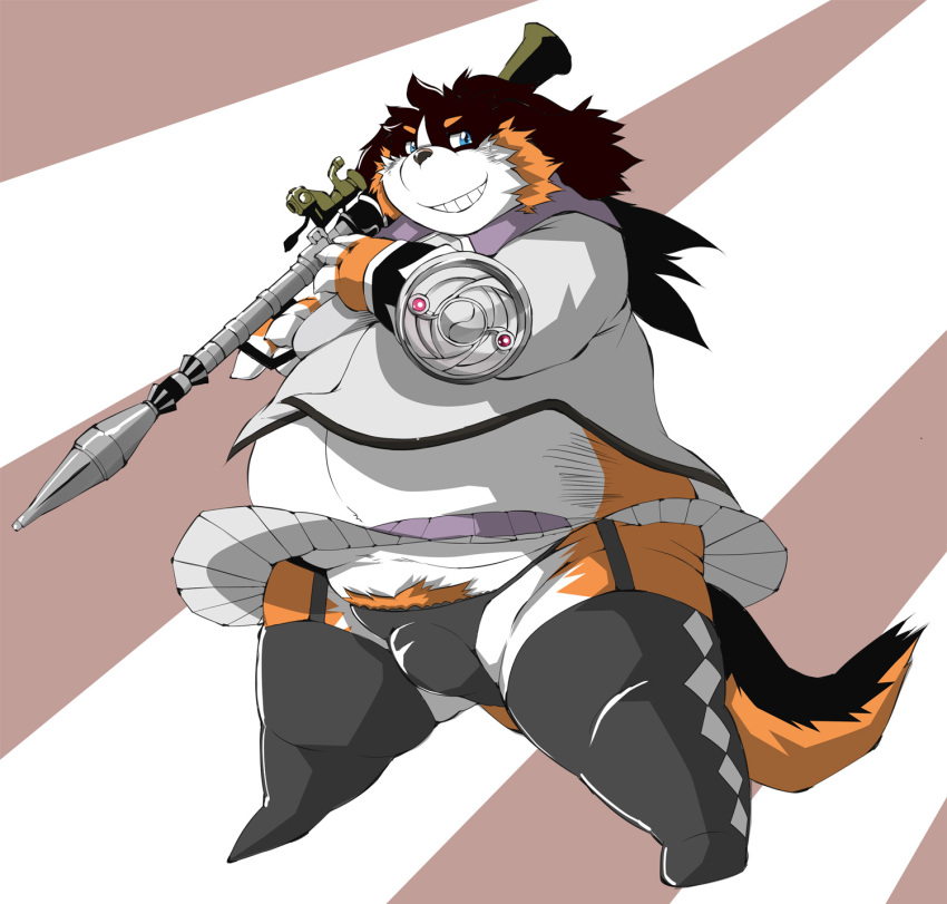 2022 anthro belly bernese_mountain_dog big_belly black_body black_nose brown_body bulge canid canine canis chibineco clothed clothing crossdressing domestic_dog hi_res humanoid_hands kemono male mammal molosser mountain_dog overweight overweight_male solo swiss_mountain_dog underwear weapon white_body