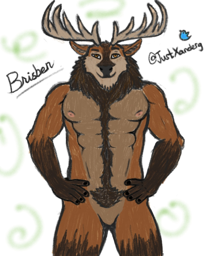 5_fingers abs anthro antlers body_hair brisben cervid cervine chest_hair eyebrows featureless_crotch fingers hands_on_hips happy_trail hi_res horn inner_ear_fluff looking_at_viewer male mammal muscular muscular_male navel orange_eyes pubes raised_eyebrow red_deer solo standing tuft xanderg_(artist)