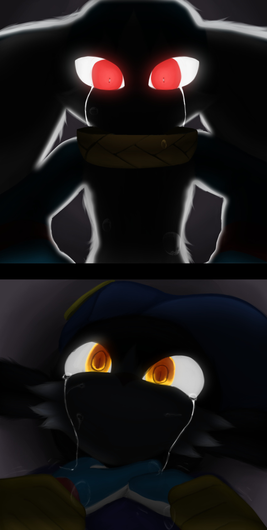 absurd_res anthro asphyxiation black_body black_fur blue_body bodily_fluids bracelet choking clothed clothing coffeewithdicks crying dominant dominant_pov first_person_view fur gloves glowing glowing_eyes hands_on_neck handwear hat headgear headwear hi_res humanoid jewelry king_of_sorrow klonoa klonoa_(series) looking_at_viewer looking_down male multiple_images red_eyes shadowed_face silhouette simple_background submissive submissive_pov teardrop tears video_games yellow_eyes