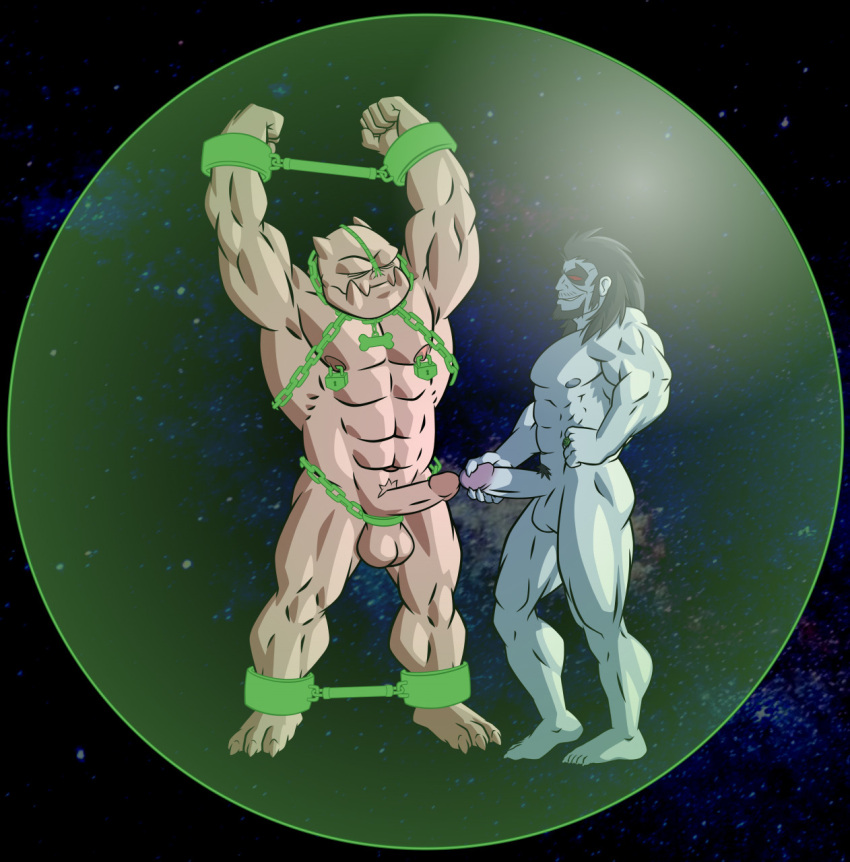 abs alien alien_humanoid anthro balls bdsm biceps black_hair bondage bound chain chained chained_up dc_comics dilgearwolfang duo genitals green_lantern_(series) hair hi_res humanoid kilowog lobo_(dc) male muscular muscular_anthro muscular_humanoid muscular_male nipple_piercing nipples pecs penis peril piercing pink_body red_eyes space submissive submissive_male superhero villainous